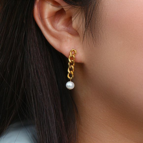 Asymmetrical Dainty Drop‎ Pearl Earrings 18K Gold Plated Stainless Steel - Picture 11 of 11